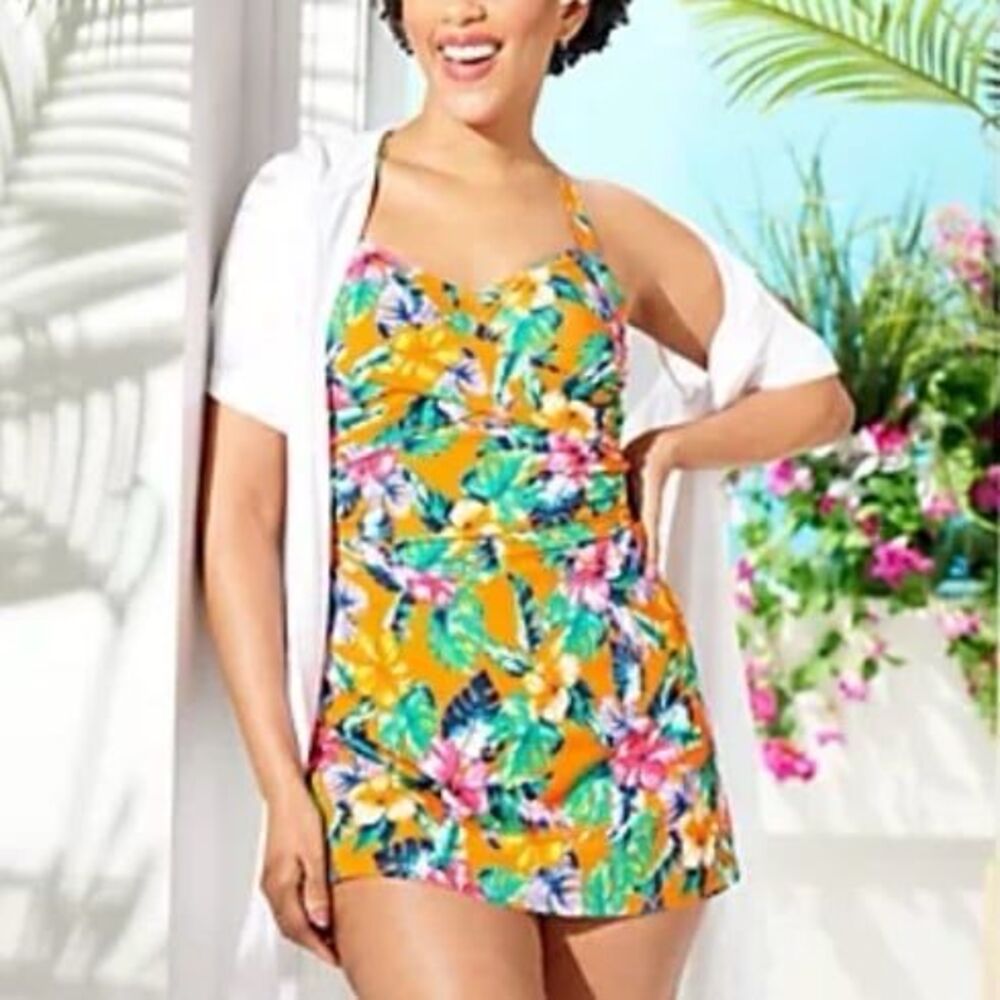 QVC Brand D & Co Beach Swim Dress Size 12 Orange Tropical Hibiscus Floral